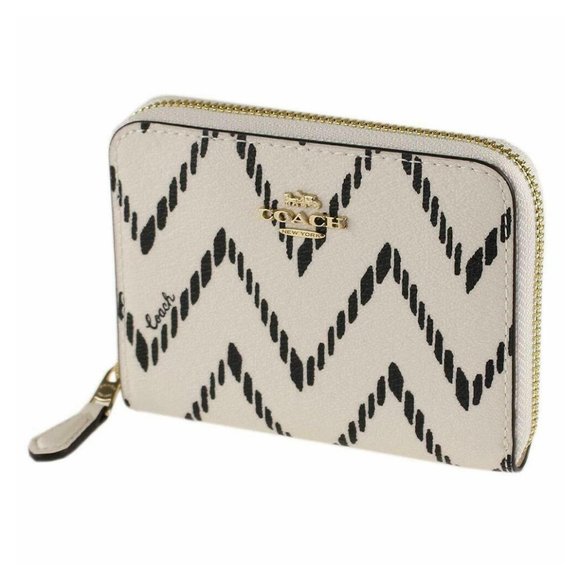 Coach Women's Small Zip Around Wallet w/ Geo Chevron Print - Black/Chalk/Gold - Picture 2 of 5